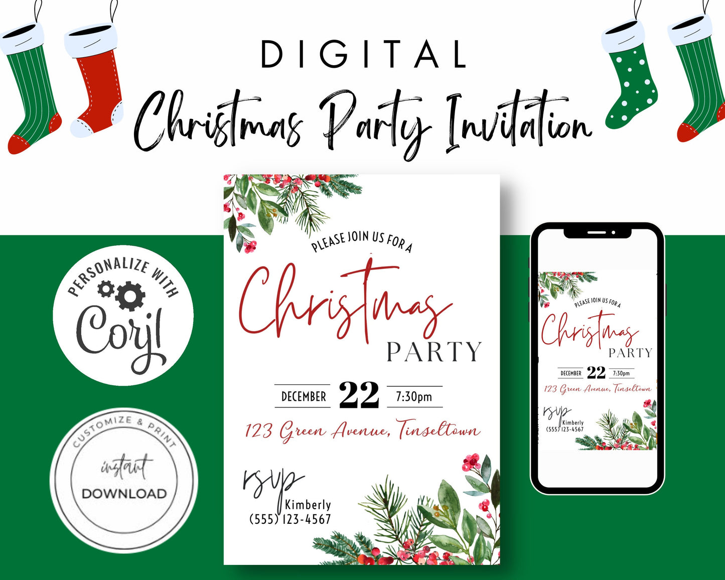 Christmas Party Invitation, Classy Holiday Party Invitation, DIY Editable Printable invitation, Instant Download. XMAS Greenery Invitation