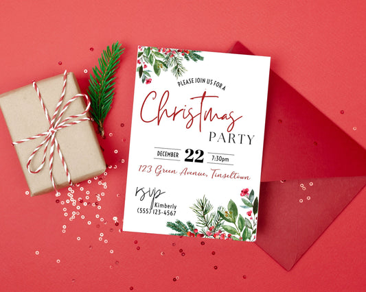 Christmas Party Invitation, Classy Holiday Party Invitation, DIY Editable Printable invitation, Instant Download. XMAS Greenery Invitation