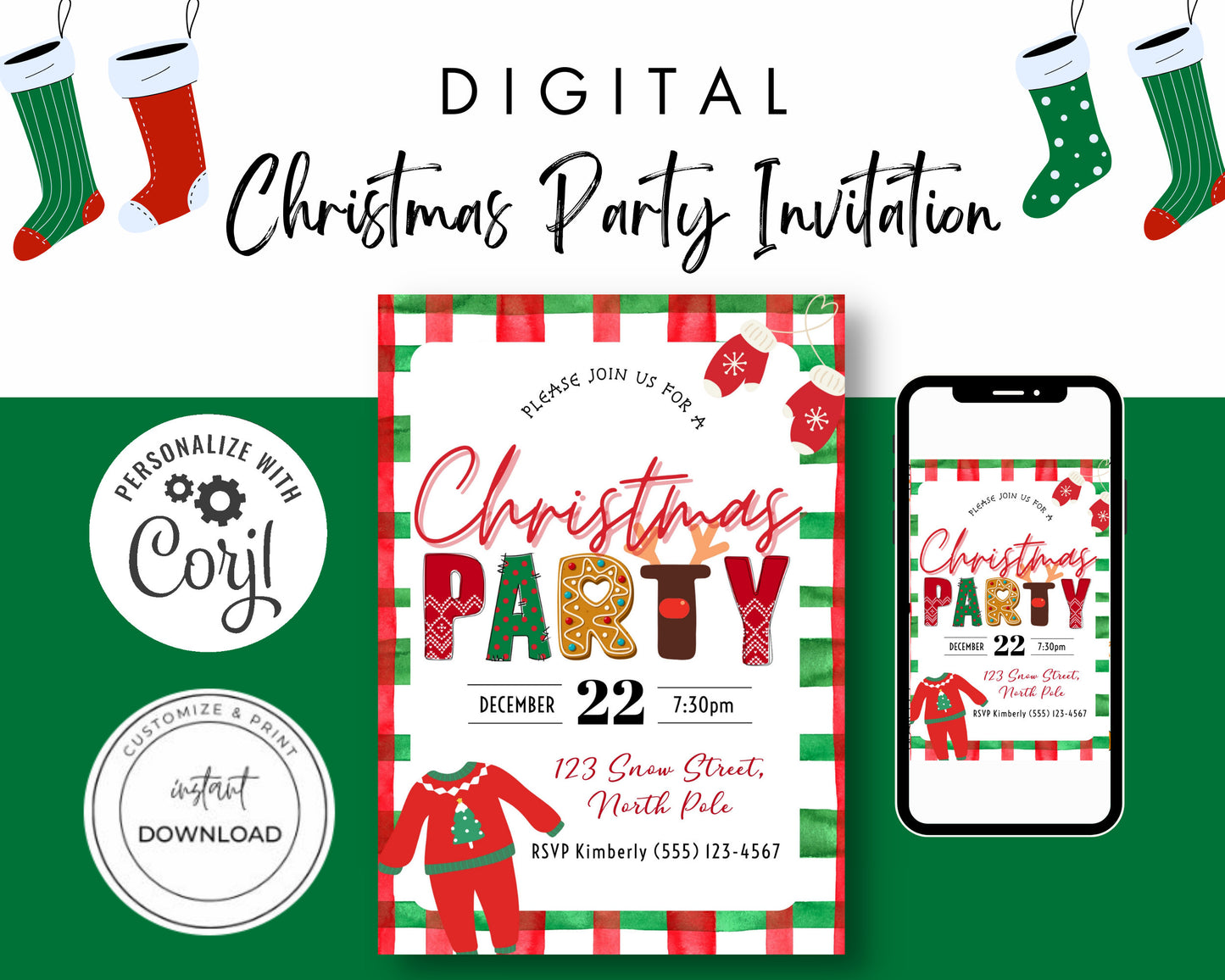 Christmas Party Invitation, Holiday Party Invitation, Kid Christmas Invite, DIY Editable Printable XMAS Invite, Cute Children's Christmas