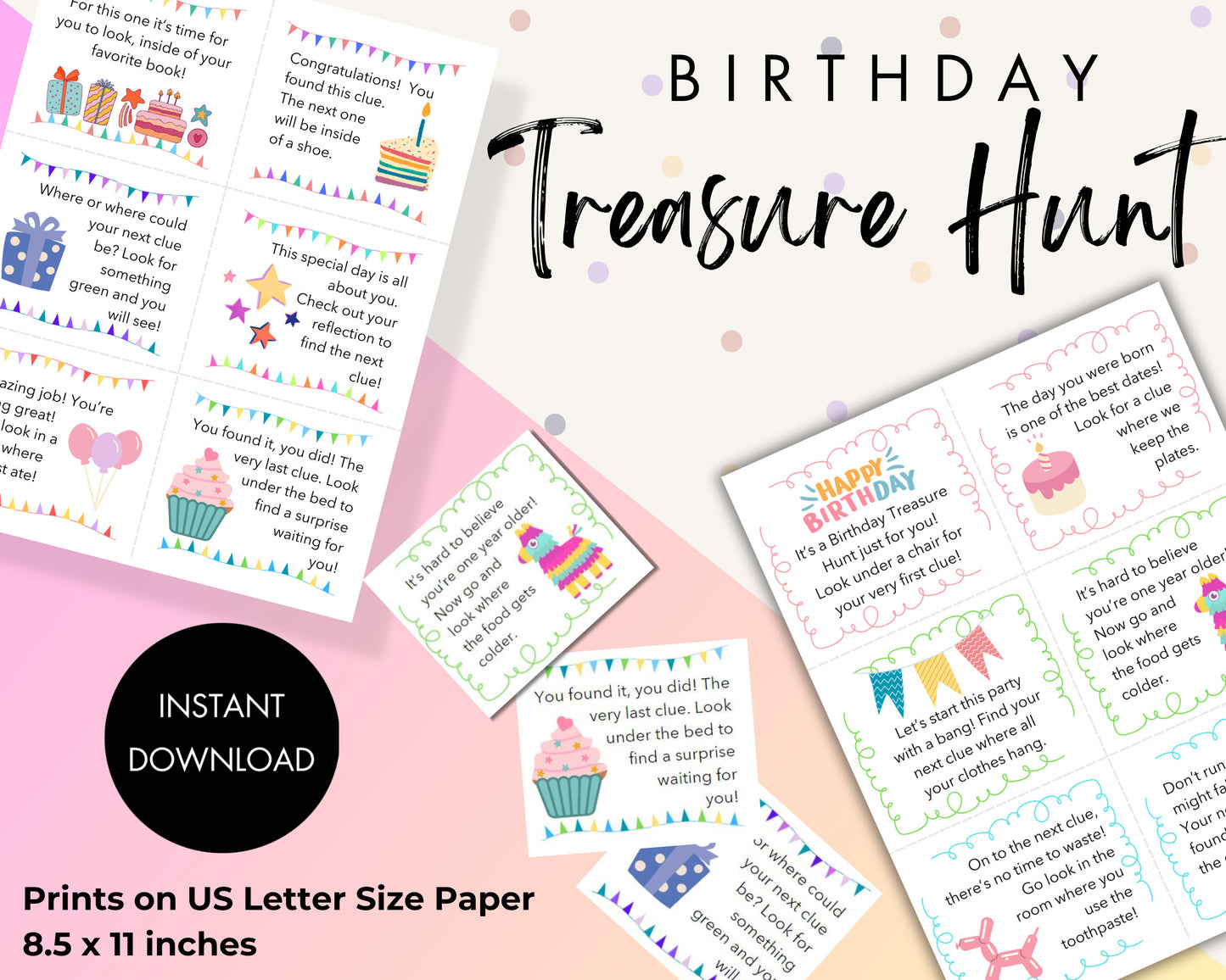 Birthday Treasure Hunt for kids, Child Scavenger Hunt, Printable Treasure Hunt Cards, Scavenger Hunt Clues, Indoor Fun Bday Games for Kids.