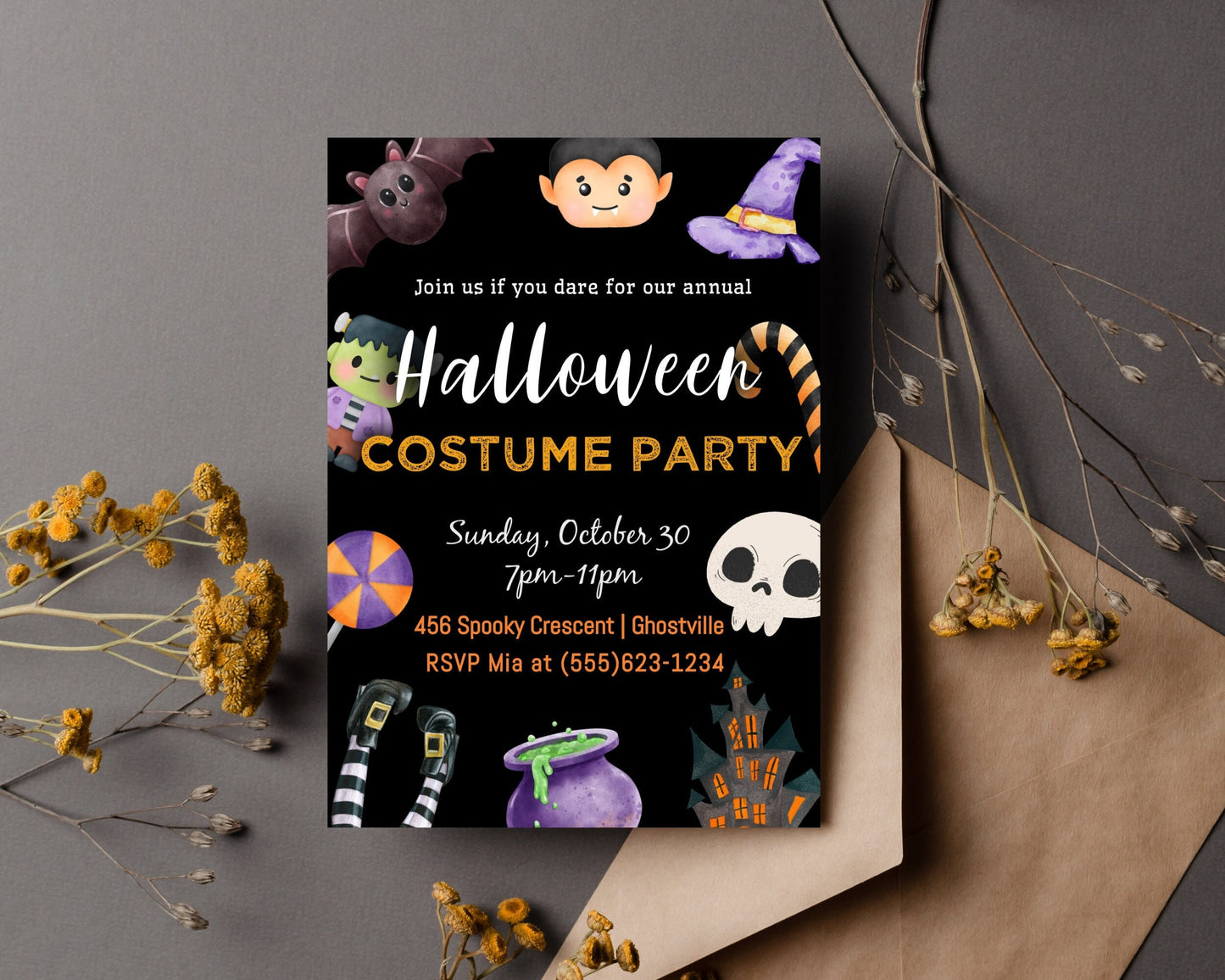 Halloween Party Invitation, Trick or Treat Party Invite, Costume or Birthday Party Invite, DIY Editable Printable Template, Digital Download