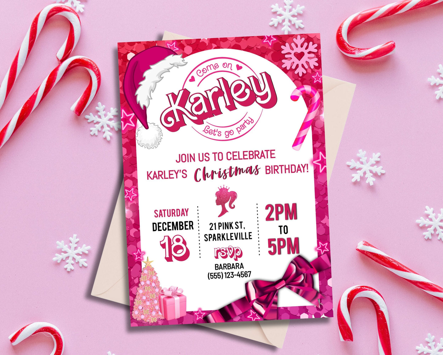 Pink Fashion Doll Christmas Birthday Party Invitation, Girl Invitation, Pink Sparkle Invite, Holiday Digital Download, DIY Editable Template