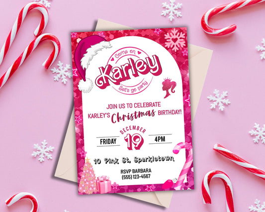 Pink Fashion Doll Christmas Birthday Party Invitation, Girl Invitation, Pink Sparkle Invite, Instant Digital Download, DIY Editable Template