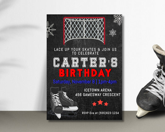 Ice Skating Birthday Party Invitation, Ice Skates Invite, Boy Invitation, Hockey Skating Invite, Instant Digital Download, Editable Template