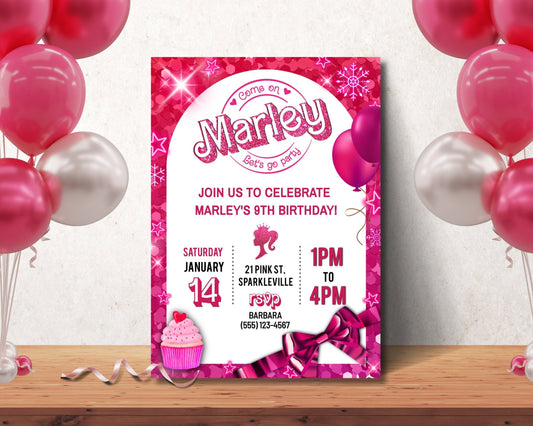 Pink Fashion Doll Birthday Party Invitation, Girl Invitation, Pink Sparkle Invite, Instant Digital Download, Editable Template, Pink Party