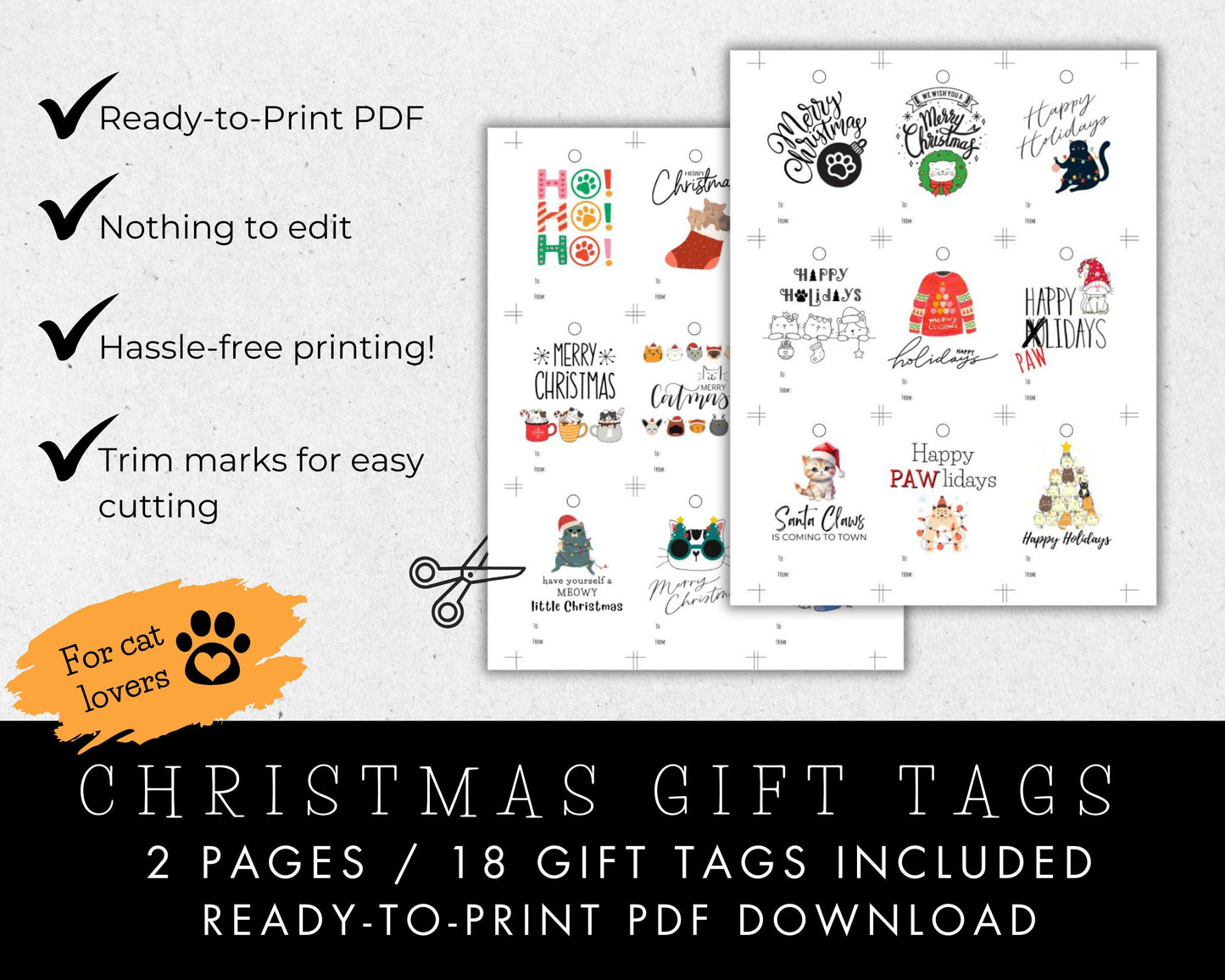 Printable Christmas Cat Gift Tags, Digital Christmas Gift Tags, Cat Lover Gift Tags, Kitty Gift Labels, Printable Holiday Tag, Tag Bundle