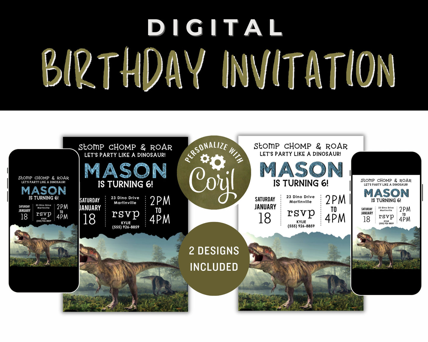 Dinosaur Birthday Invitation, Dino BDay Invite for kids, TRex Invitation, Boy Birthday Invite, Tyrannosaurus Rex Birthday, Editable Template