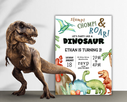 Stomp Chomp Roar Dinosaur Birthday Invitation, Dino BDay Invite for kids, Boy Birthday Invite, TRex Birthday, Dino Invite Editable Template