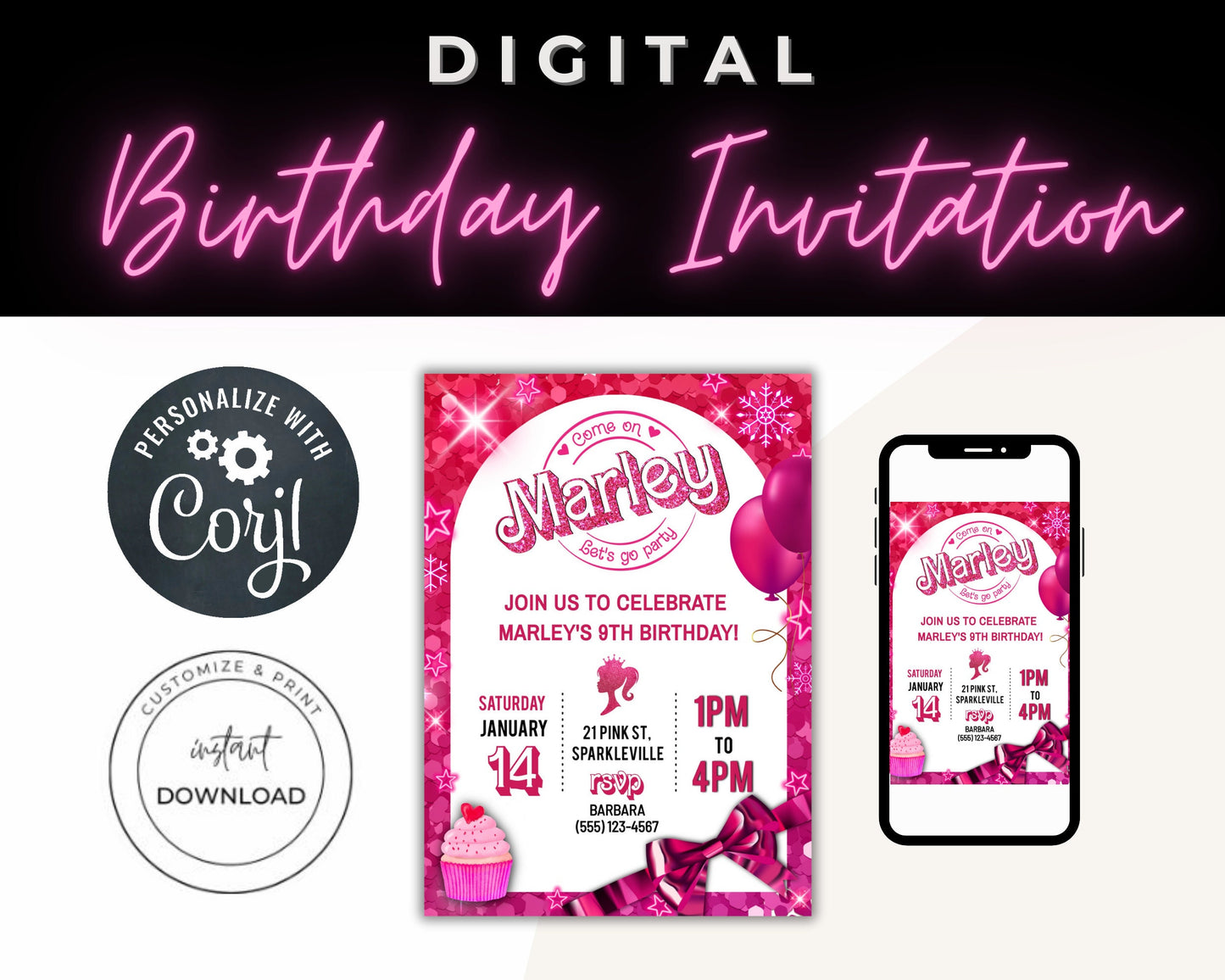 Pink Fashion Doll Birthday Party Invitation, Girl Invitation, Pink Sparkle Invite, Instant Digital Download, Editable Template, Pink Party