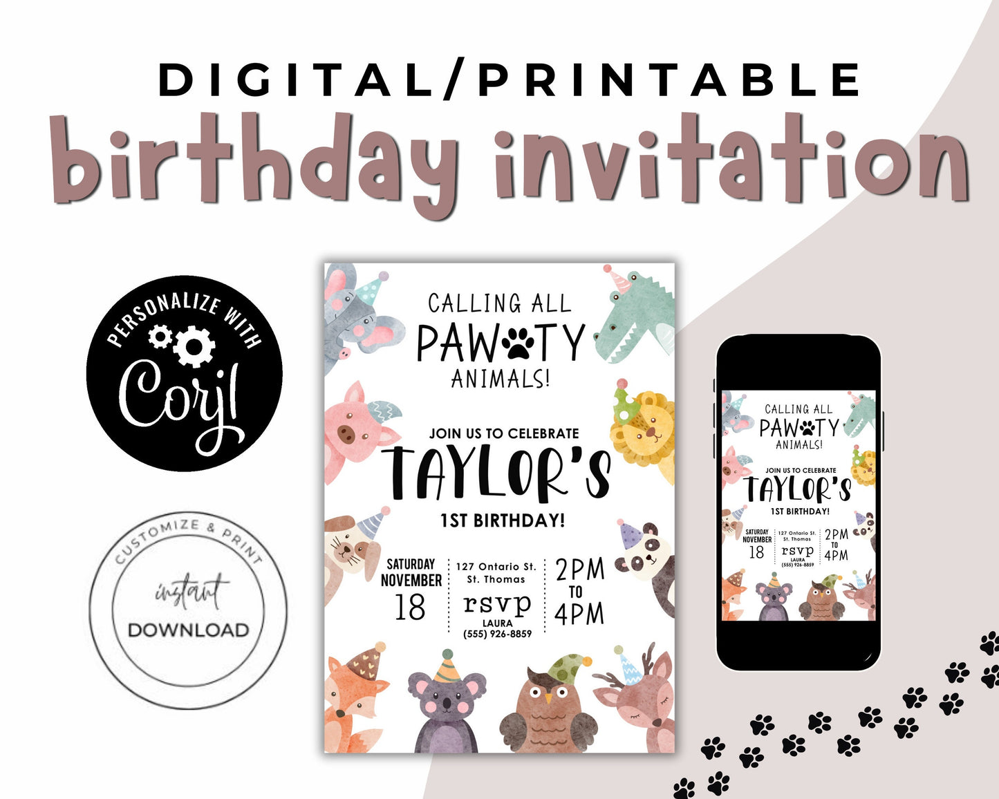 Animal Lover Birthday Party Invitation, Pawty Birthday Invite, Kids Animal Invite, Invitation for Kid Party,It's a Pawty Invite,Pawty Animal