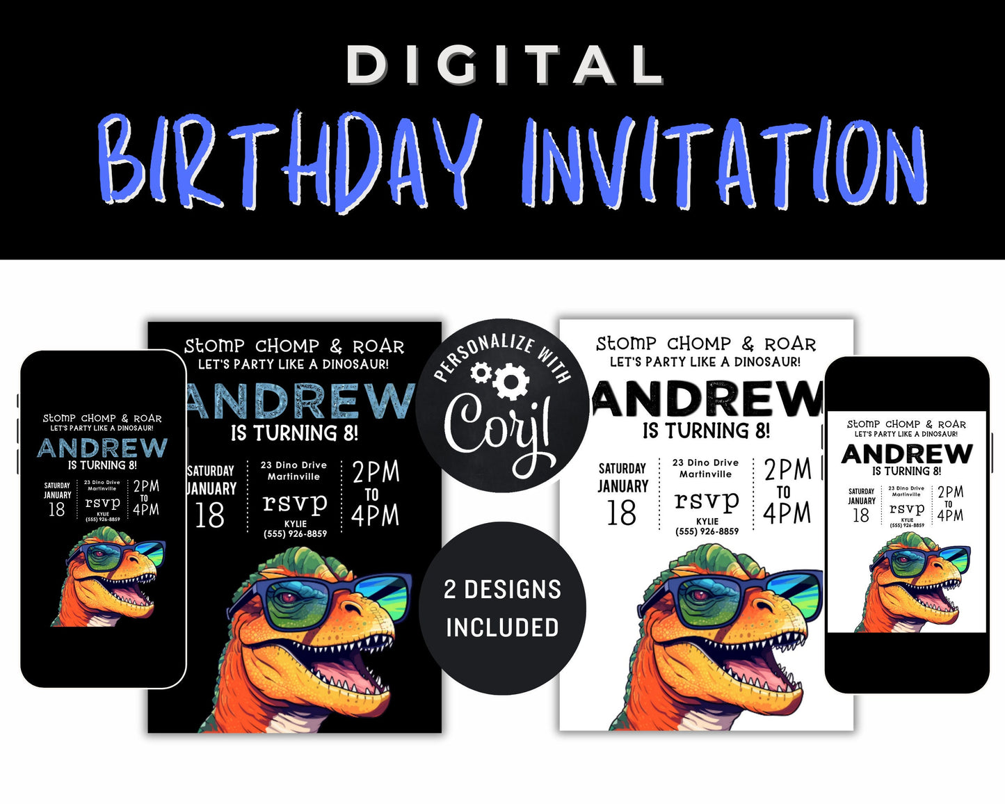 Cool Dinosaur Birthday Invitation, Dino BDay Invite for kids, TRex Invitation, Boy Invite, Tyrannosaurus Rex Birthday, Editable Template DIY