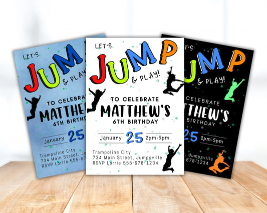 Jump Birthday Party Invitation, Trampoline Park Birthday invitation, Bounce Kids Invite, Boy Jump Party Invite, DIY Editable Invite