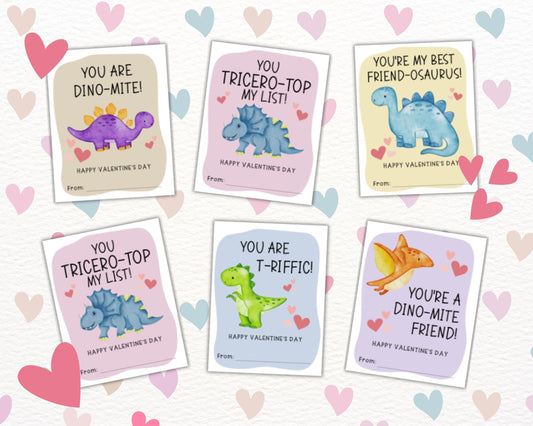 Dinoaur Valentine's Day Cards for Kids, Children's Vday Gift Tags for Classmates Students Classroom, Printable Dino Valentines for Boys