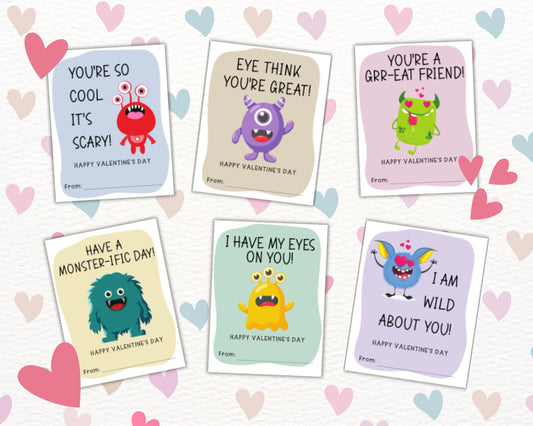 Little Monster Valentine's Day Cards for Kids, Cute Monster VDay Gift Tags for Classroom Students Classmates, Printable Valentines Boy Girl