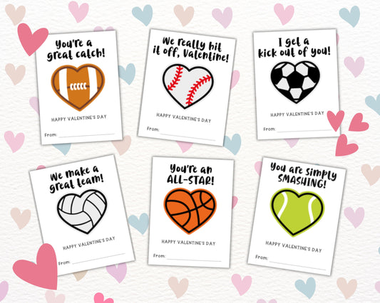 Sports Themed Valentine's Day Cards for Kids, Vday Day Gift Tags for Classroom,Soccer Football Hockey Baseball Bball Vday Card for Classmate