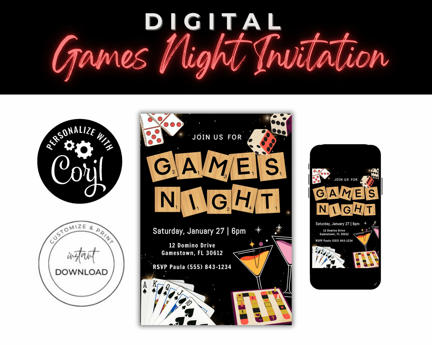 Games Night Invitation | Editable Games Game Night Party Invitation | Couple Games Night Invite | Editable Template | Casino Night Invite