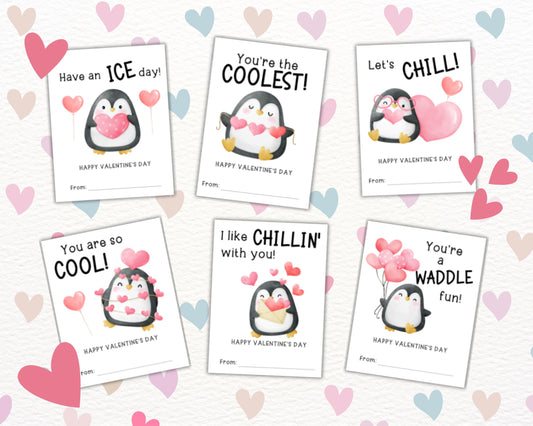 Valentine's Day Cards for Kids, Penguin Valentine's Day Gift Tags, Printable Vday Cards for Classroom, Cool Penguin Valentine Card Classmate