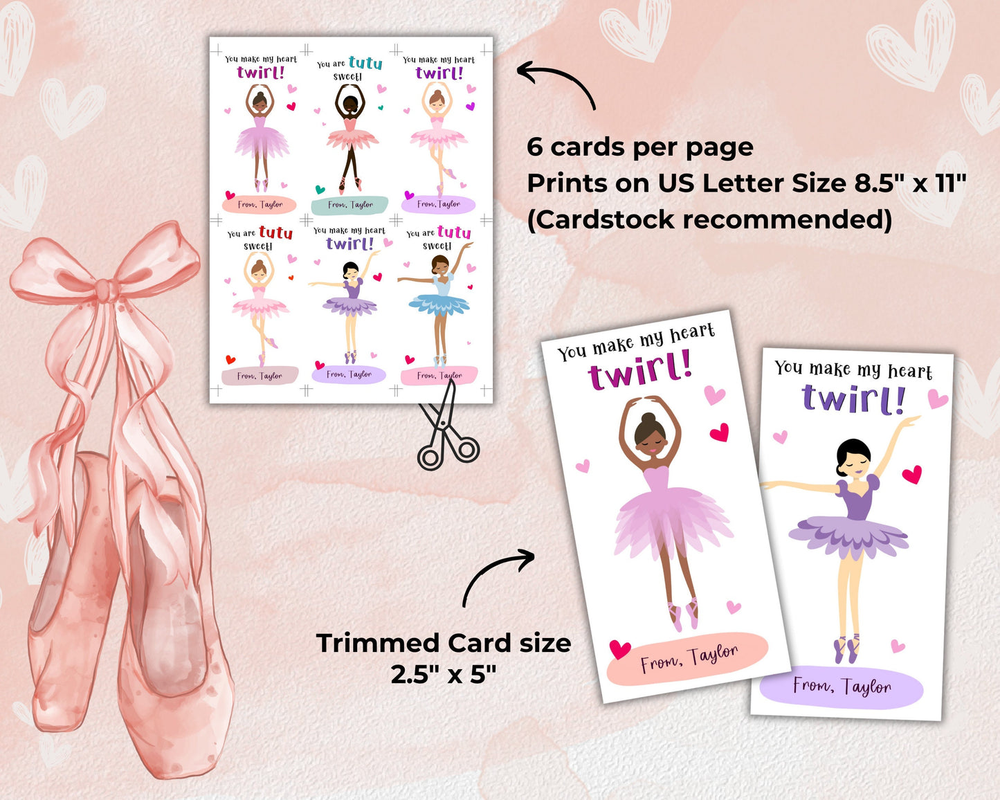 Printable Ballet Valentine Cards, Ballerina Valentine's Day Tags, Tutu Valentine's Day Cards Kid Classroom, Sweet Valentine Card Classmate