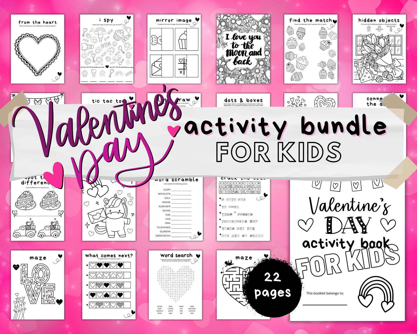 Valentine's Day Bundle for Kids, Activity Pack, Valentine Printable Activities, Kids Party Activities, Classroom Valentine Games for Kids