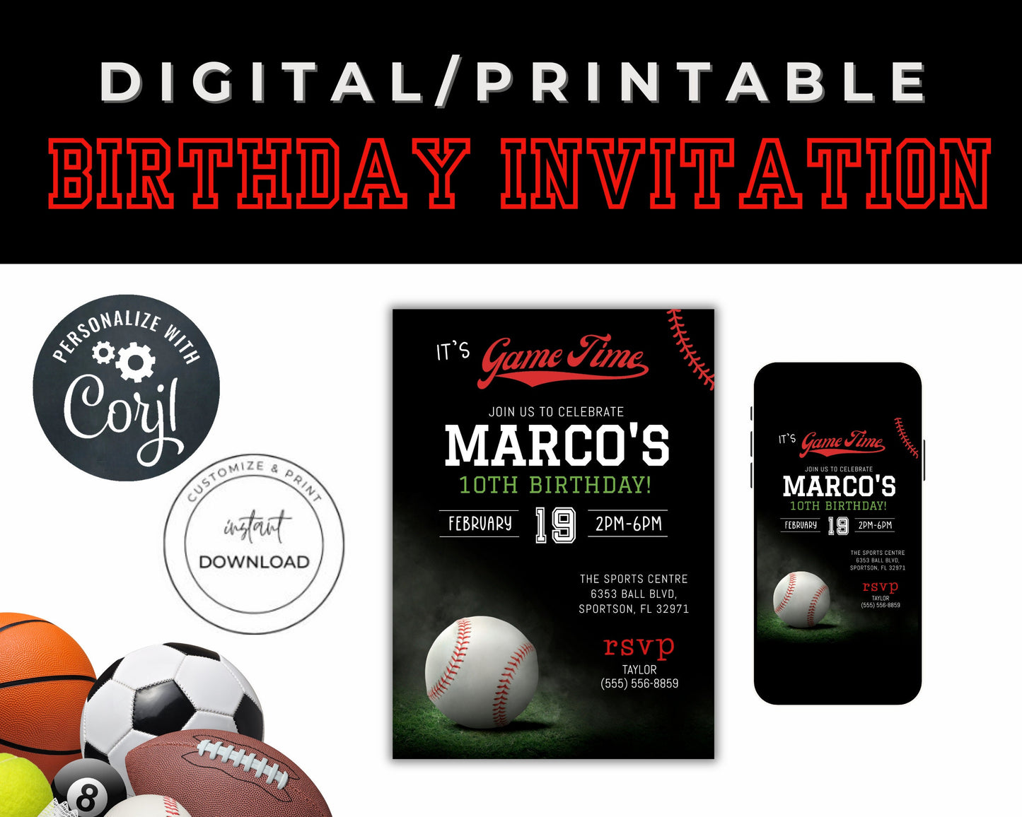 Baseball Birthday Party Invitation, Kid Baseball Invite, Boy Sports Invitation, It's Game Time Invite Download, Printable Editable Template