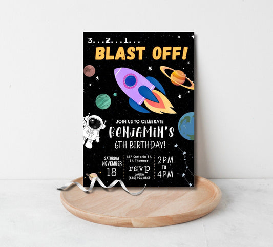 Rocket Spaceship Birthday Party Invitation, Kids Space Invite, Boy Astronaut Invitation, 3 2 1 Blast Off Invite, Editable Planet Template