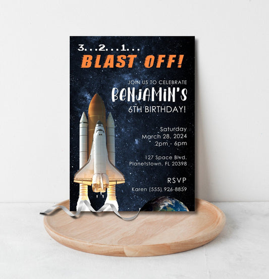 Rocket Birthday Party Invitation, Kids Spaceship Invite, Boy Space Shuttle Invitation, 3 2 1 Blast Off Invite, Editable digital Template