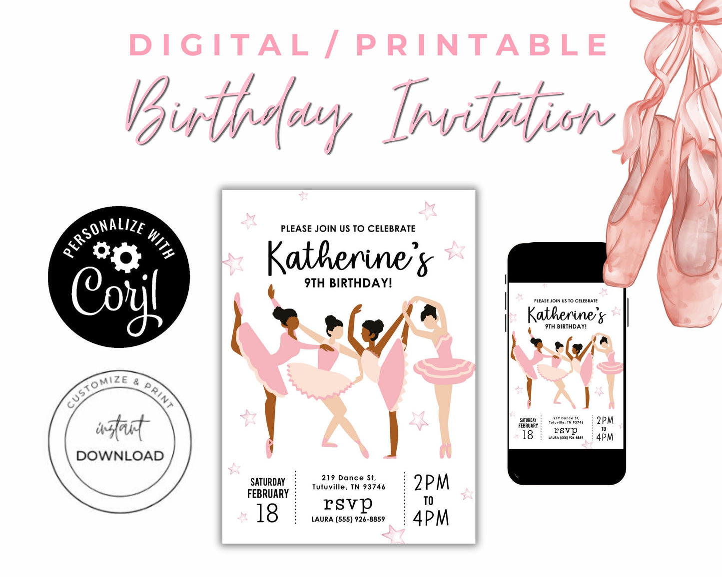 Ballerina Birthday Party Invitation, Girl Invitation, Pink Ballet Invite, Instant Digital Download, Printable Editable Template, Dance Party