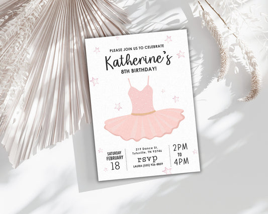 Ballerina Birthday Party Invitation, Girl Dance Invite, Pink Ballet Bday Party Printable Editable Template, Tutu Invite Kids Tween Teen