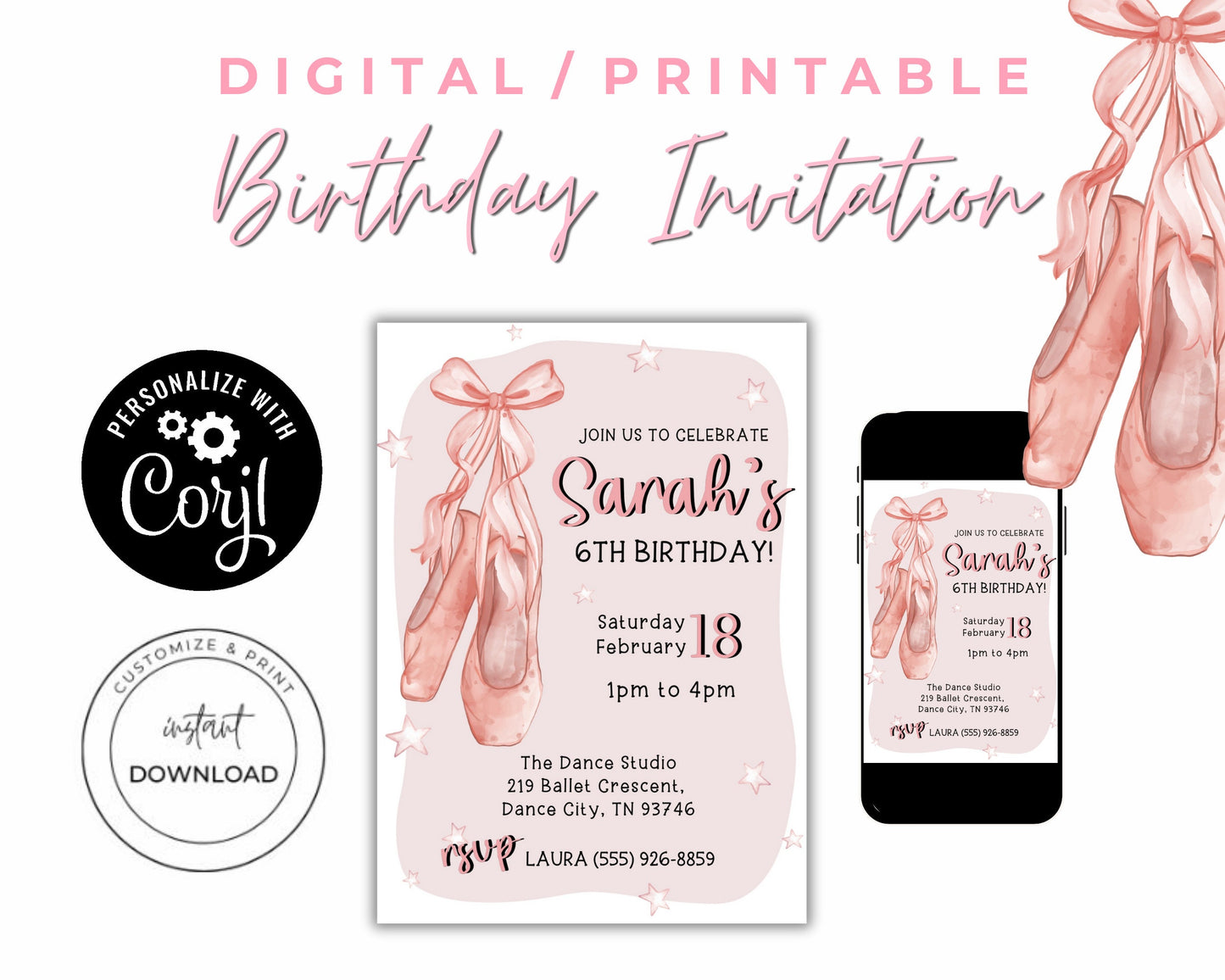 Ballet Shoes Birthday Party Invitation, Girl Invitation, Pink Ballerina Invite, Instant Digital Download, Editable Template, Ballet Party