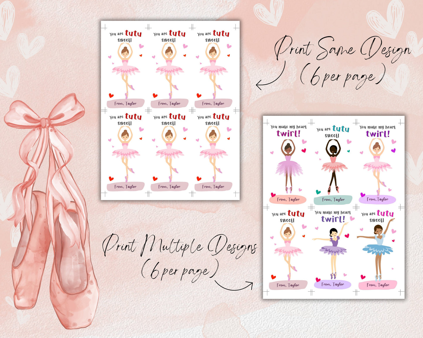 Printable Ballet Valentine Cards, Ballerina Valentine's Day Tags, Tutu Valentine's Day Cards Kid Classroom, Sweet Valentine Card Classmate