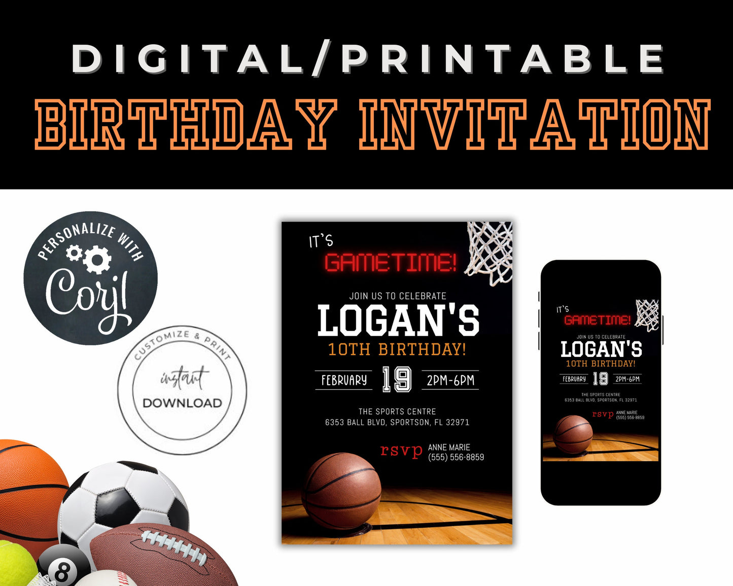 Basketball Birthday Party Invitation, Kids Basketball Invite, Boy Invitation, It's Game Time Invite, Instant Download, Editable Template