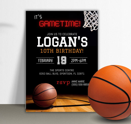 Basketball Birthday Party Invitation, Kids Basketball Invite, Boy Invitation, It's Game Time Invite, Instant Download, Editable Template