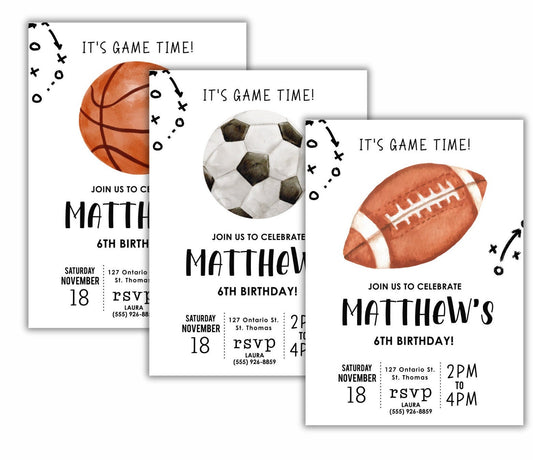 Sports Birthday Party Invitation, Football / Soccer / Basketball Invite, Boy Invitation, It's Game Time Sports Invite, Editable Template