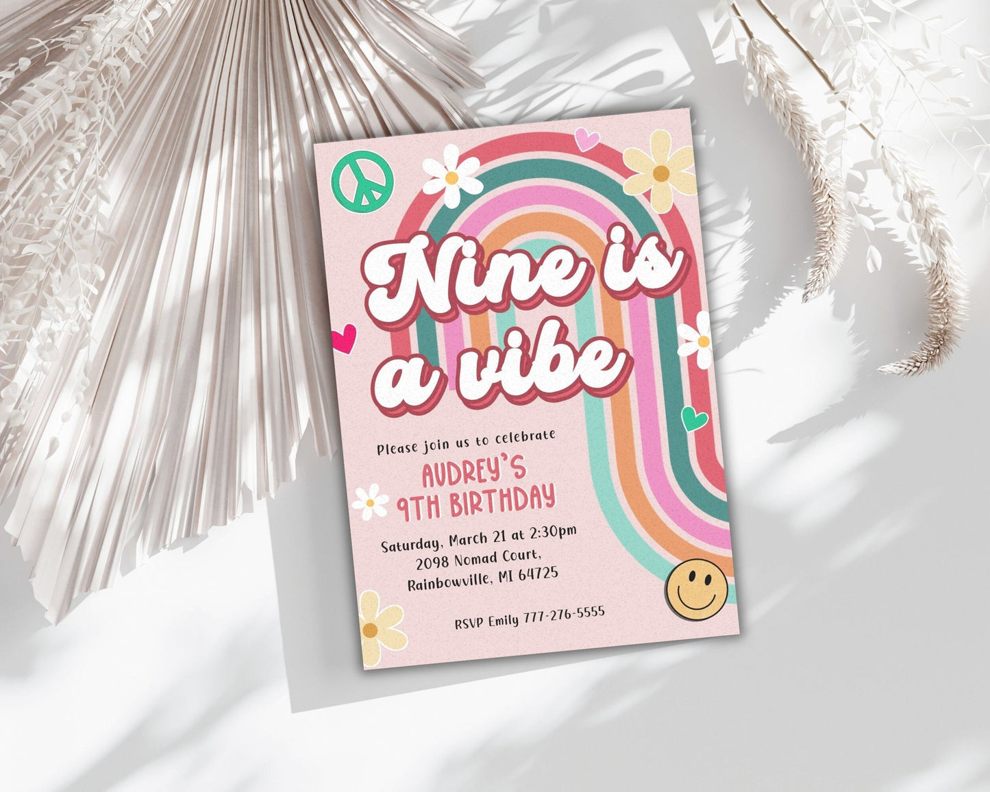 Editable Retro 70s Birthday Party Invitation, Groovy Nine is a Vibe Invite, Peace Love Party Girl Birthday Invite, DIY Hippie Template