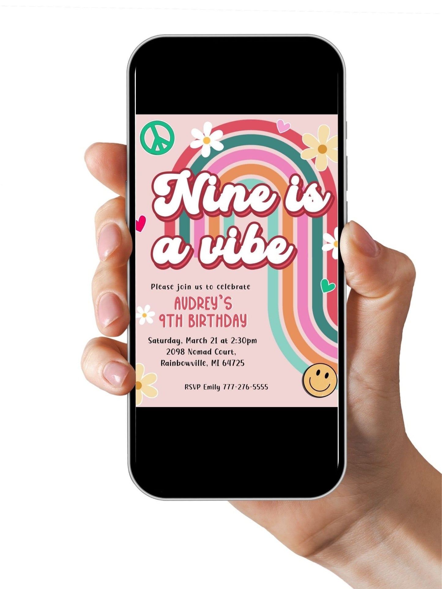 Editable Retro 70s Birthday Party Invitation, Groovy Nine is a Vibe Invite, Peace Love Party Girl Birthday Invite, DIY Hippie Template