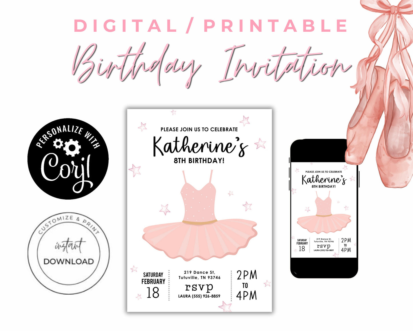 Ballerina Birthday Party Invitation, Girl Dance Invite, Pink Ballet Bday Party Printable Editable Template, Tutu Invite Kids Tween Teen