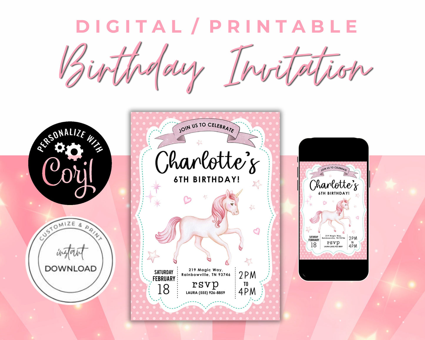 Unicorn Birthday Party Invitation, Girl Invitation, Pretty Pink Unicorn Invite, Instant Digital Download, Editable Template, Unicorn Party