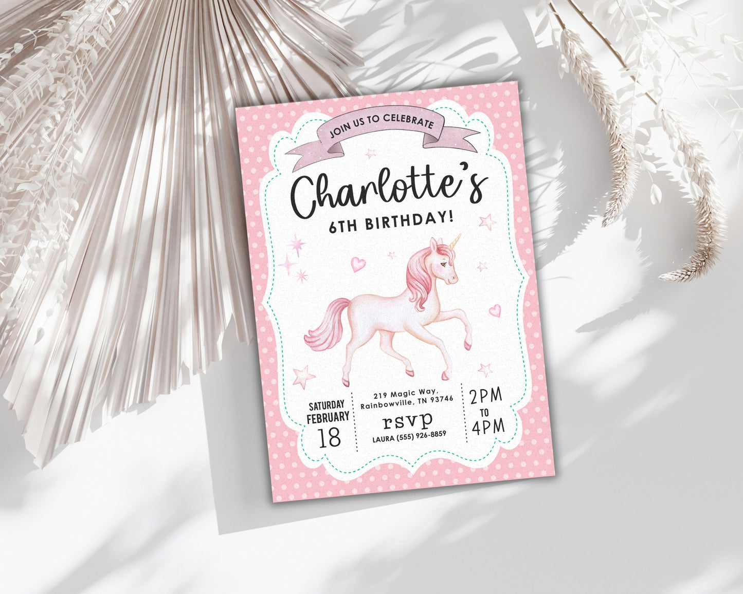 Unicorn Birthday Party Invitation, Girl Invitation, Pretty Pink Unicorn Invite, Instant Digital Download, Editable Template, Unicorn Party