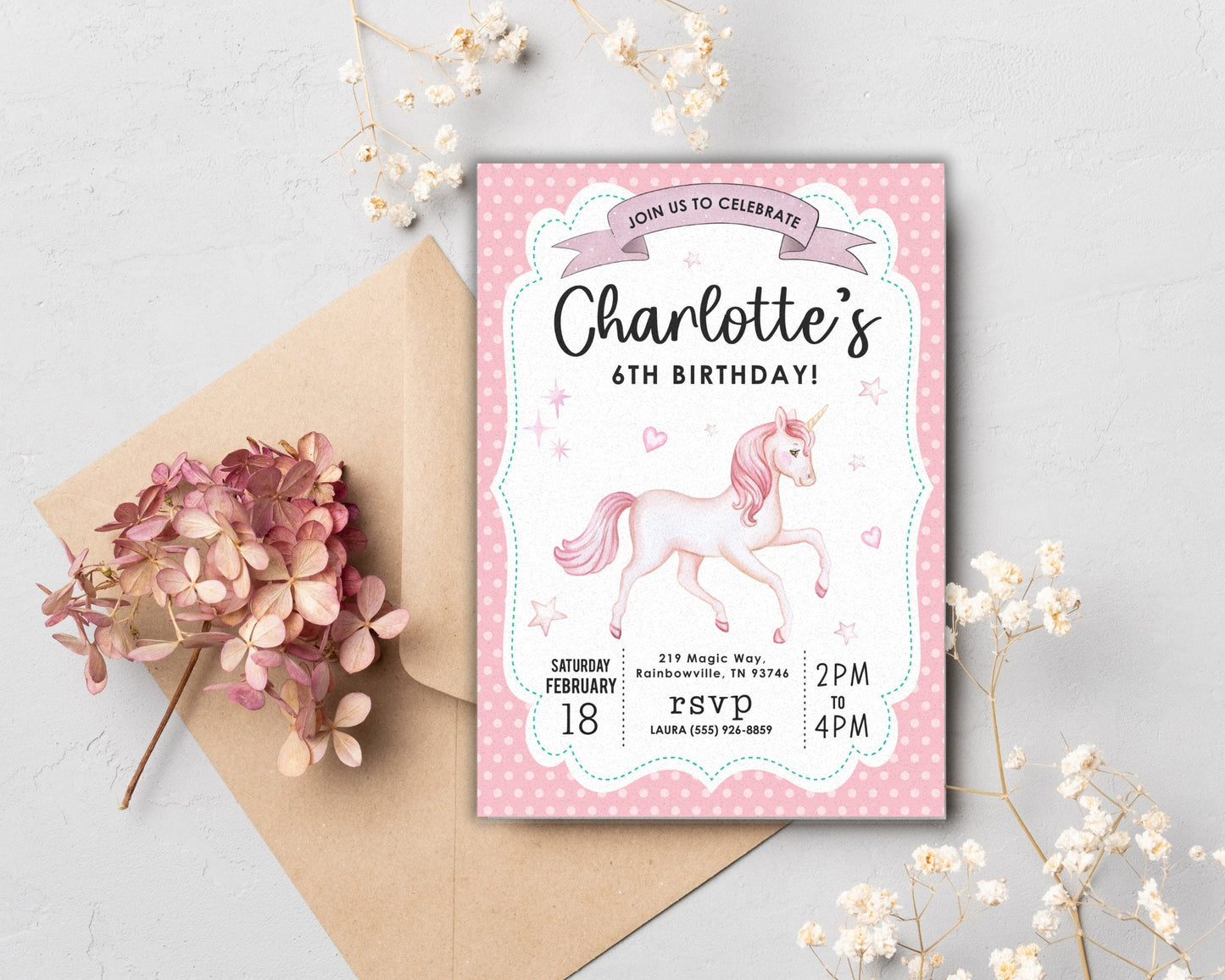 Unicorn Birthday Party Invitation, Girl Invitation, Pretty Pink Unicorn Invite, Instant Digital Download, Editable Template, Unicorn Party