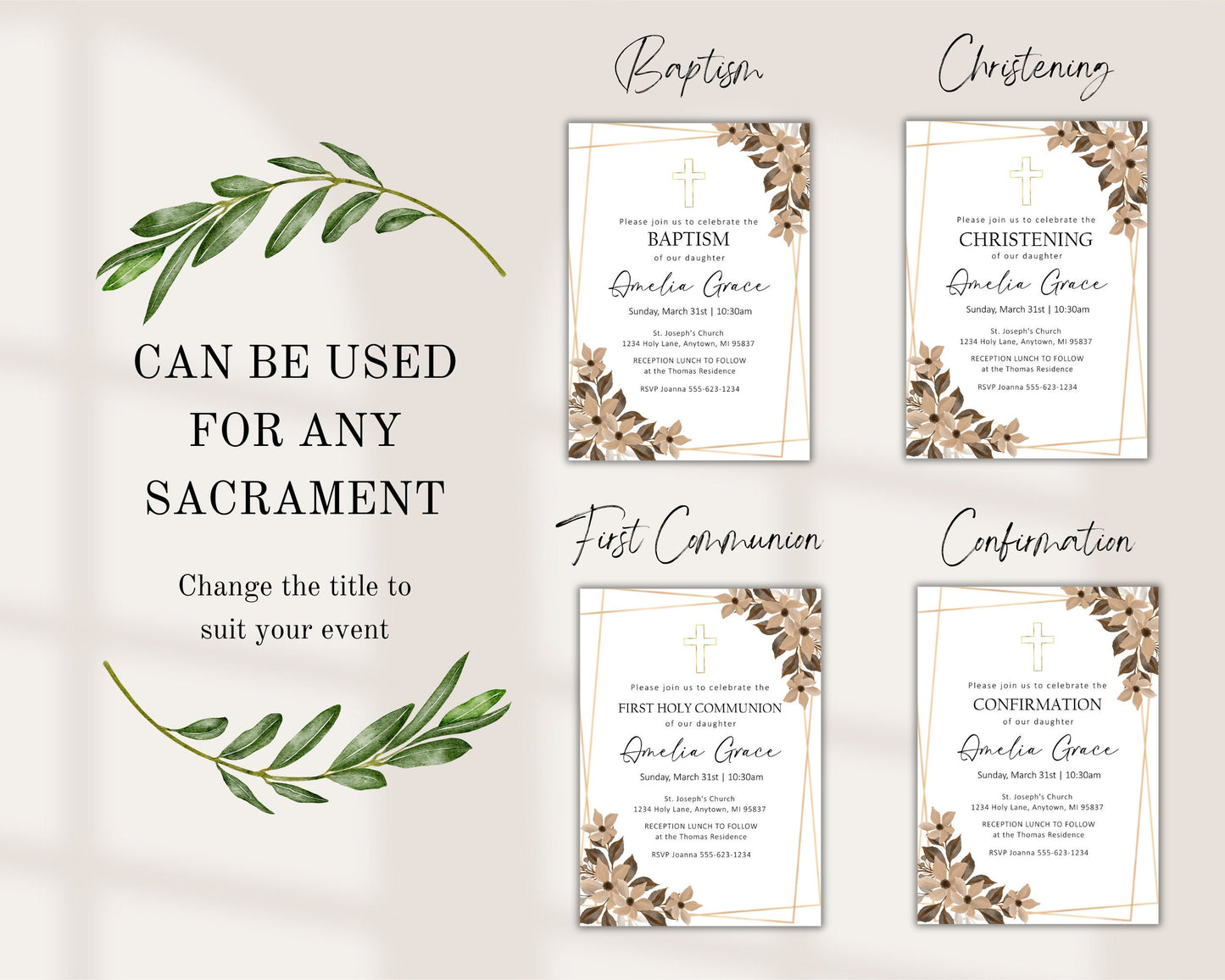 Baptism Christening First Communion Invitation Template, Editable Baptism Holy Communion Invitation, Floral Cross Printable Sacrament Invite