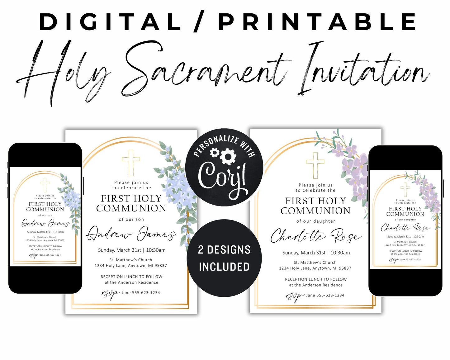 Baptism Christening First Communion Invitation Template, Editable Baptism Holy Communion Invitation, Floral Cross Printable Sacrament Invite