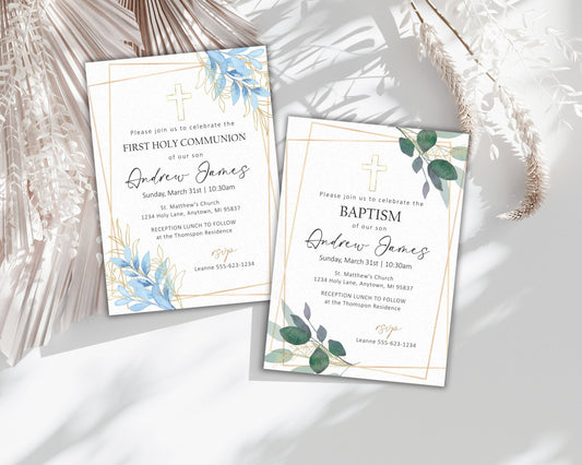 Baptism Christening First Communion Invitation Template, Editable Boy Baptism Holy Communion Invitation, Gold Printable Sacrament Invite