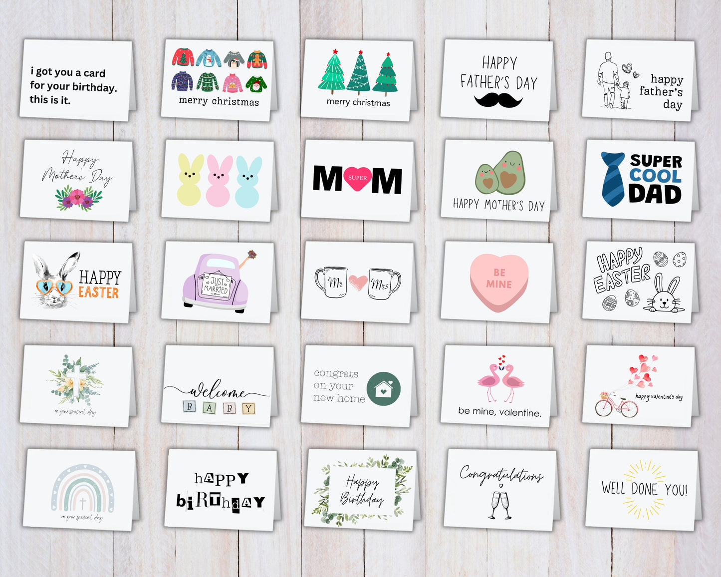 Greeting Card Bundle, Variety Pack Set of 55 Printable Cards Birthday Easter Mother's Day Father's Day Thank you Sarcastic Congrats Sympathy