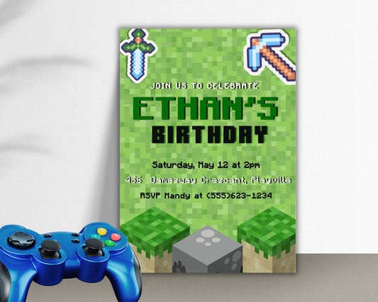 Mine Pixel Crafter Video Game Invitation, Boy Birthday Invitation, Gamer Invite, Gaming Party, Kids invitation, Printable Editable DIY Corjl