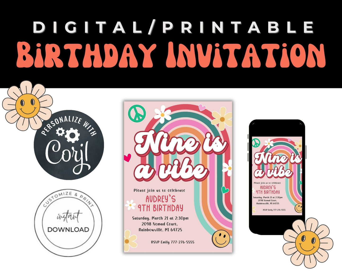 Editable Retro 70s Birthday Party Invitation, Groovy Nine is a Vibe Invite, Peace Love Party Girl Birthday Invite, DIY Hippie Template