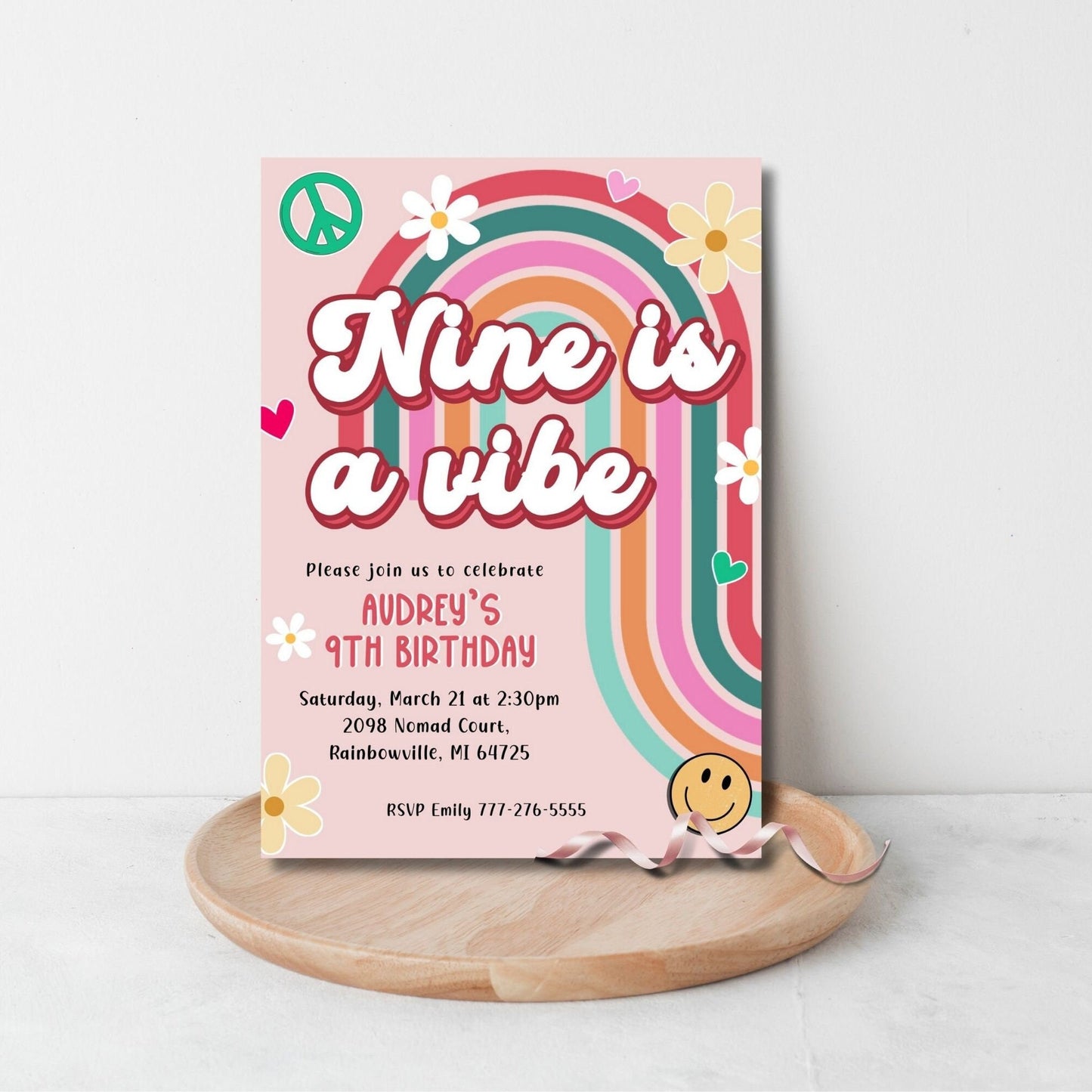 Editable Retro 70s Birthday Party Invitation, Groovy Nine is a Vibe Invite, Peace Love Party Girl Birthday Invite, DIY Hippie Template