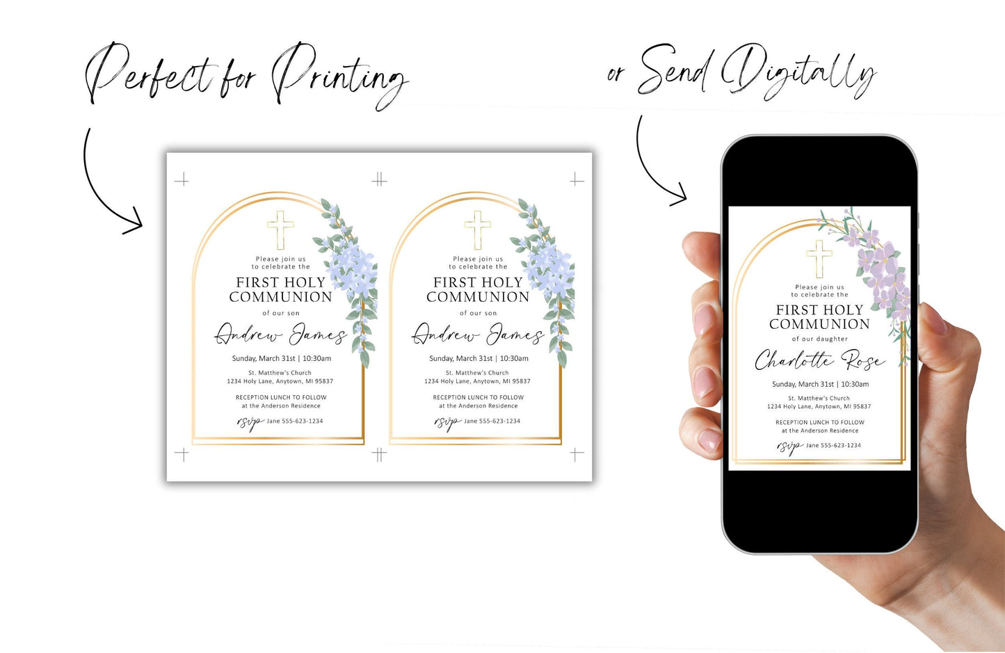 Baptism Christening First Communion Invitation Template, Editable Baptism Holy Communion Invitation, Floral Cross Printable Sacrament Invite