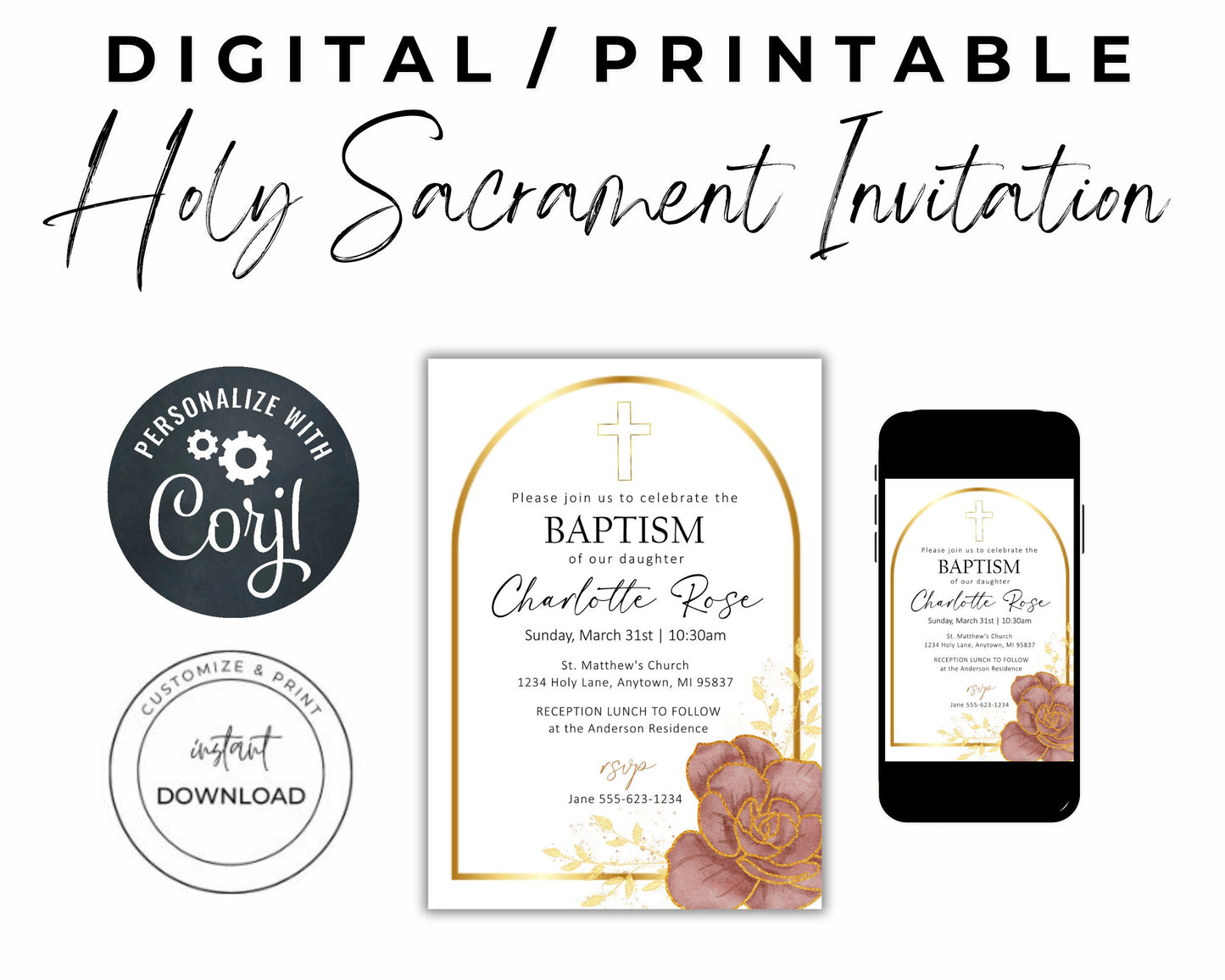 Baptism Christening First Communion Invitation Template, Editable Baptism Invitation Card,Floral Communion Printable Invite,Sacrament Invite