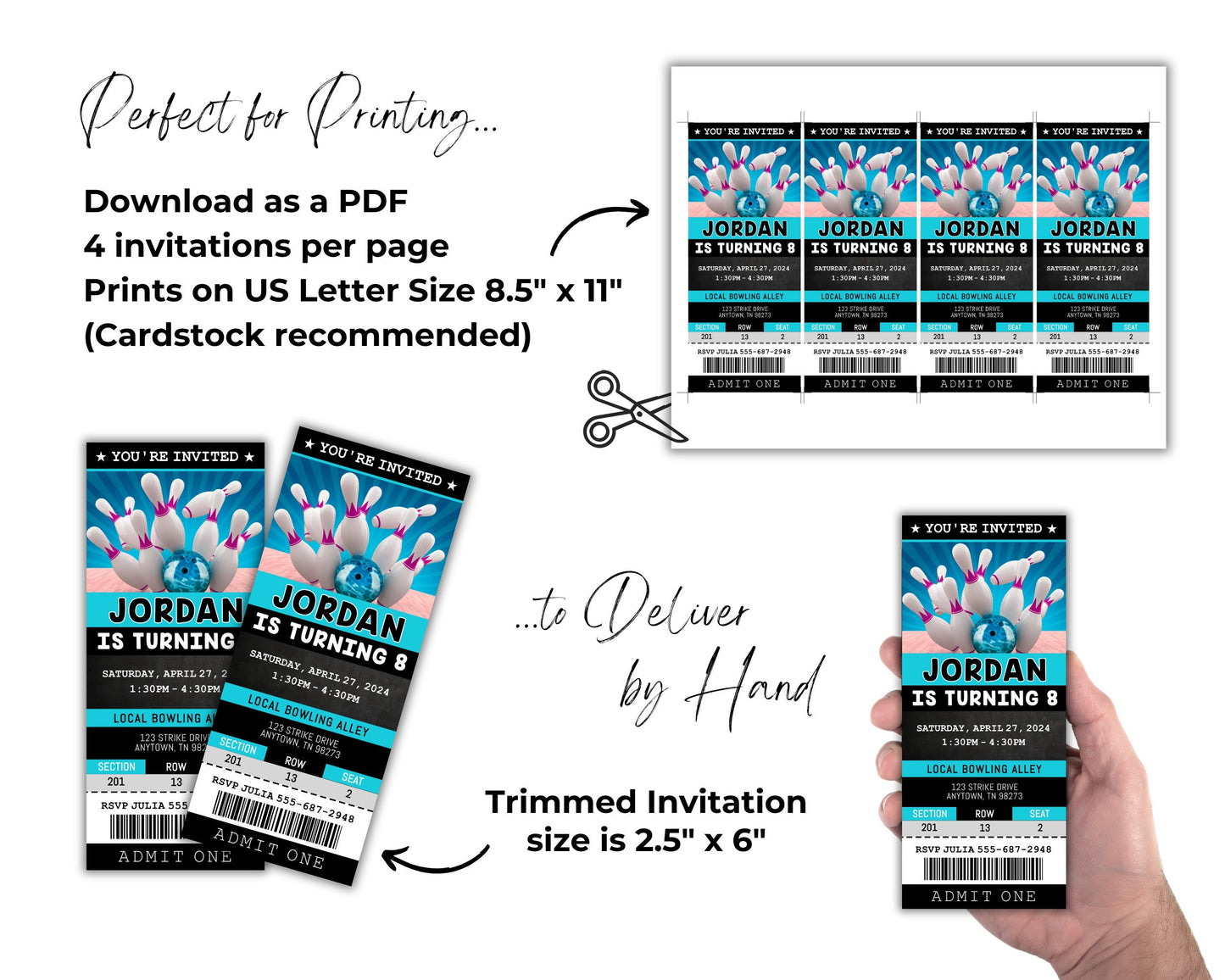 Bowling Birthday Party Ticket Invitation, Bowling Ticket Invite Template, Bday Party Kids, Digital Editable Printable Custom Bowling Party