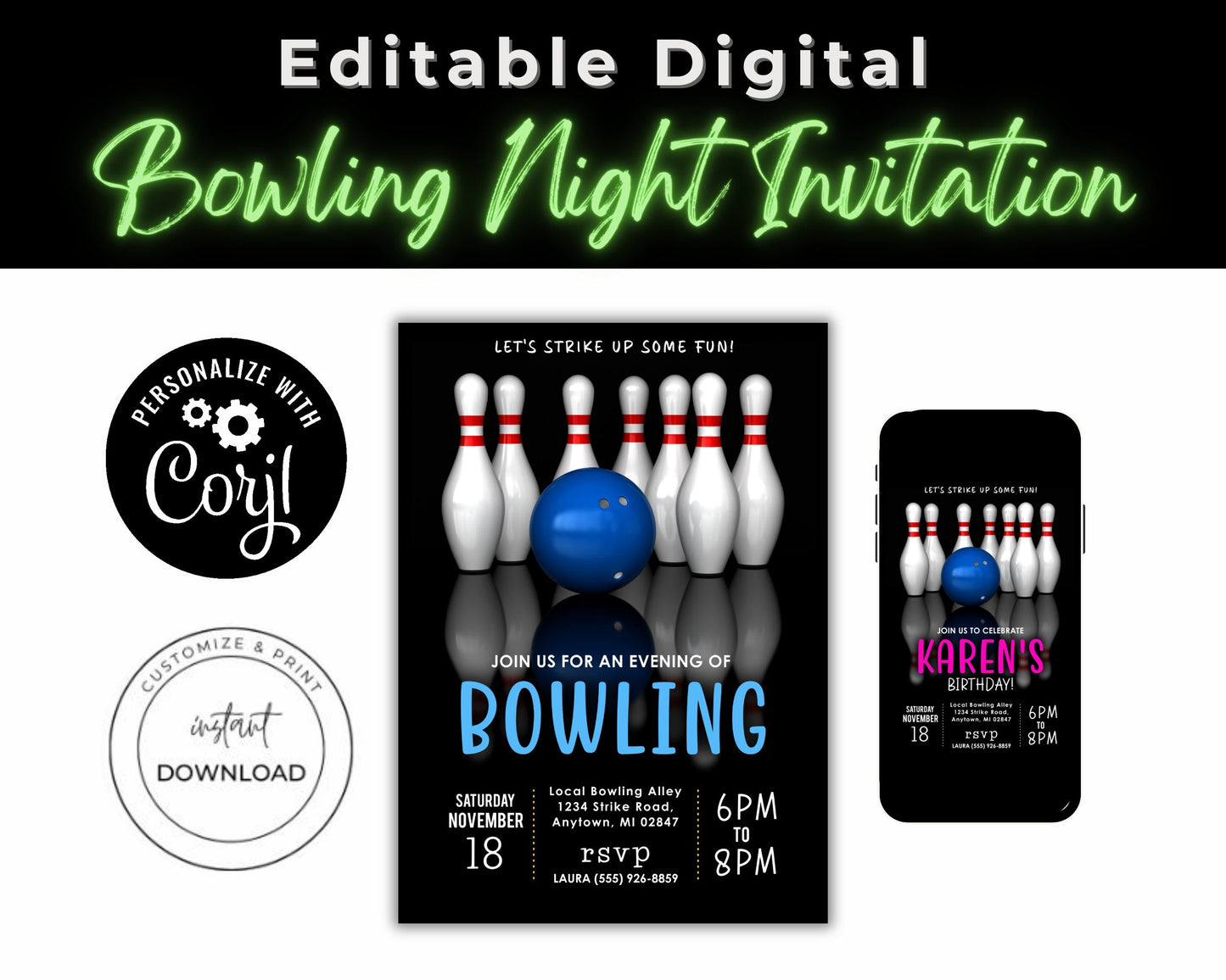 Bowling Night Invitation | Editable Bowling Event Invitation | Bowling Party Invite | Editable Template | Bowling Birthday Invite Adult/Kids